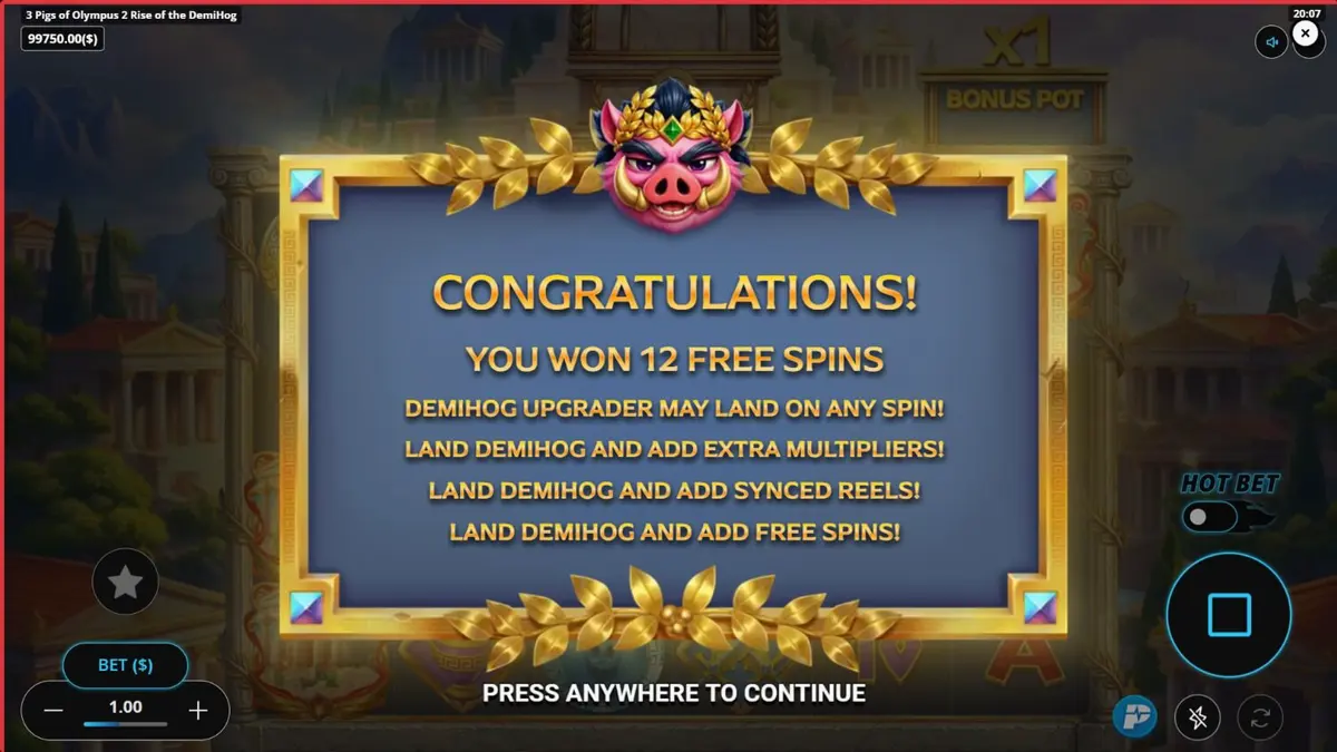 Ang mga pig gods sa 3 Pigs of Olympus 2 Rise of the DemiHog slot