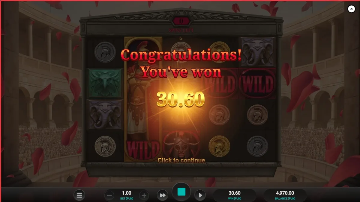Arena of Fortune slot machine interface sa loob ng Colosseum
