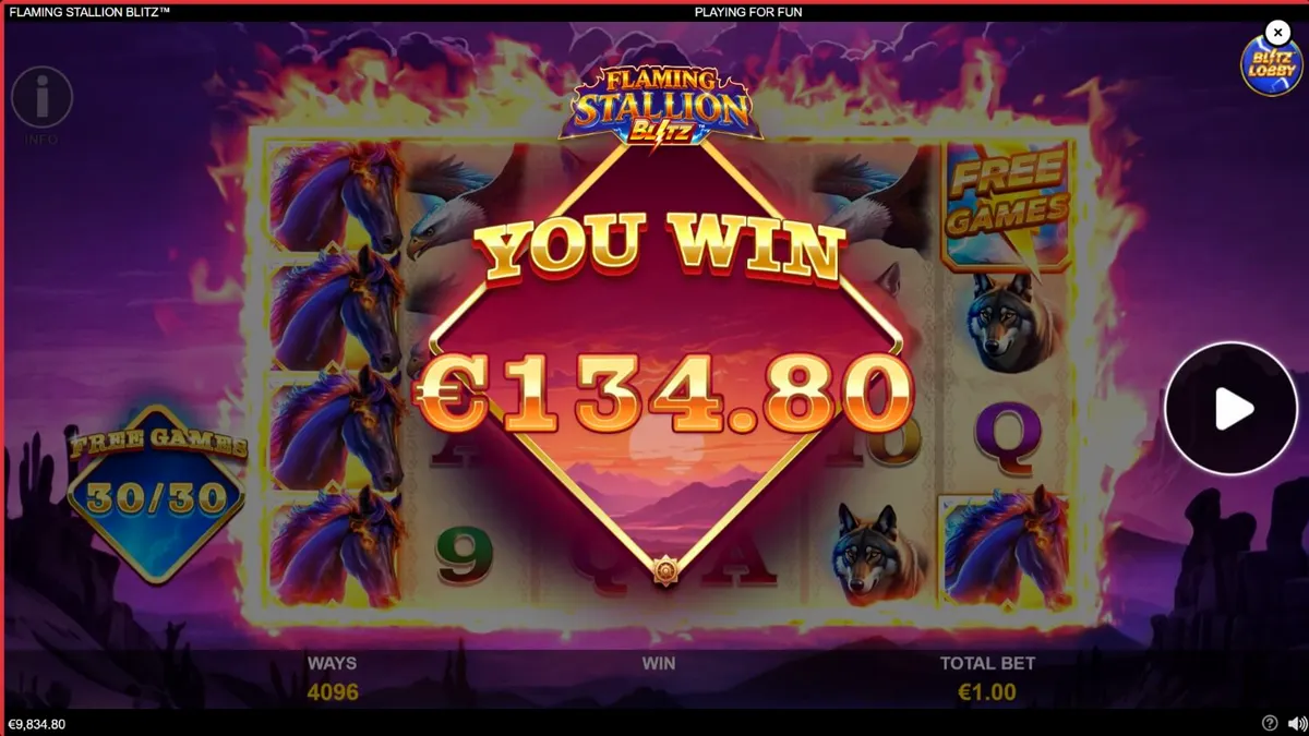 Flaming Stallion Blitz slot game screen na may disyerto at apoy.
